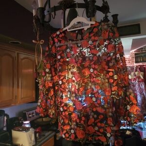 Adiva Black Sheer Blouse with Red Rose Embroidery